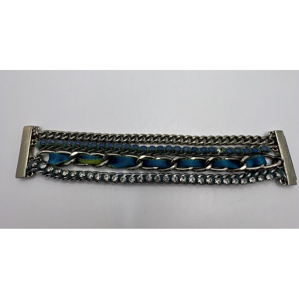 Wide & Chunky Multi Chain Link Silver Tone Bracelet Magnetic Clasp Greenβ Blue